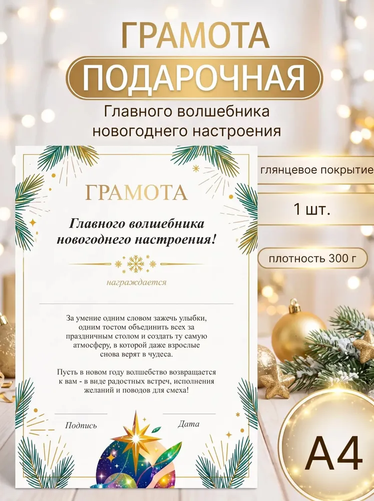 Грамота открытка подарочная для награждения "Главный волшебник новогоднего настроения" , 1 шт., в подарок на Новый год, 1 шт