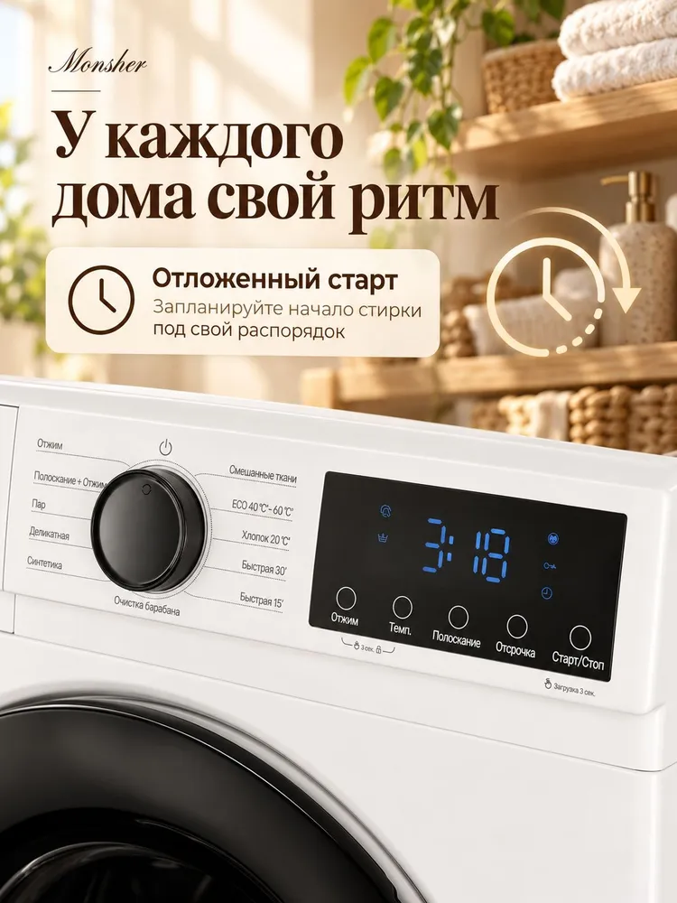 Стиральная машина Monsher MWM 410 Blanc, узкая 6 кг, класс A, инвертор, 1200 об/мин, 6 кг, фото 2