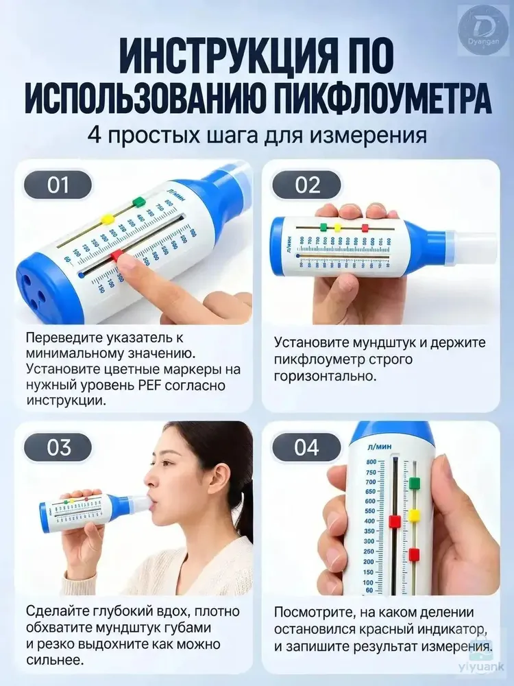 Пикфлоуметр для домашнего контроля дыхания при астме, PEF 60 800 л/мин, 3 цветовые зоны, 2 мундштука, для взрослых и детей от 12 лет, 800 л, фото 5