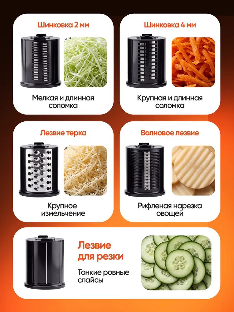 Электрическая овощерезка 5 в 1, тёрка-шинковка с сменными барабанами из нержавеющей стали, мультислайсер для овощей и фруктов, вариант, фото 3