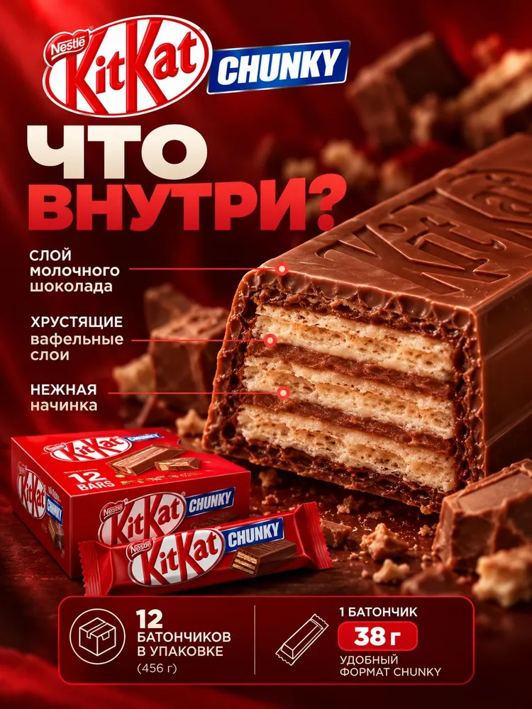 Кит-кат Молочный шоколадный батончик Kit-Kat Chunky 12шт по 38г / 456гр, 12 шт, 38 г, фото 3