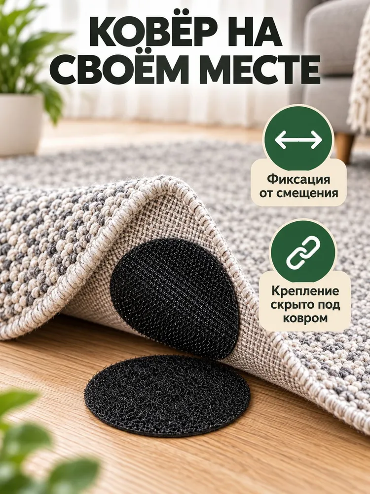 Липучки для ковра самоклеящиеся круглые, 5 пар, черные Липучка велкро KIP-N001-06, черный, фото 3