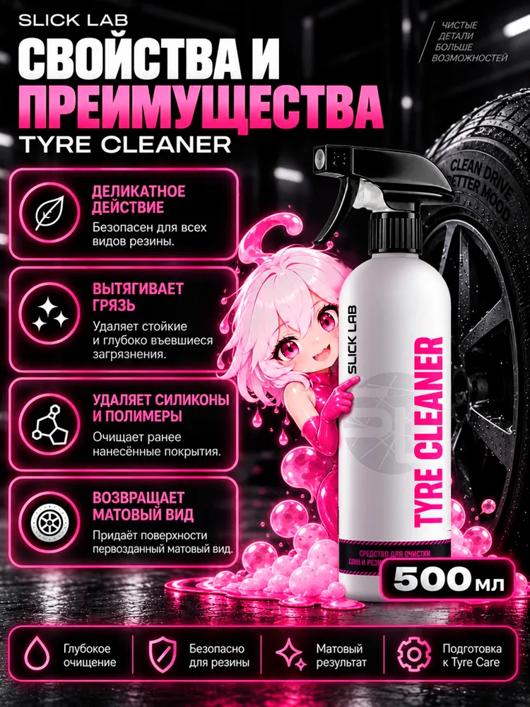 Очиститель колес, автомобильных шин, резиновых ковриков авто Slick Lab 1000мл эффект новой резины, 1 л, фото 2