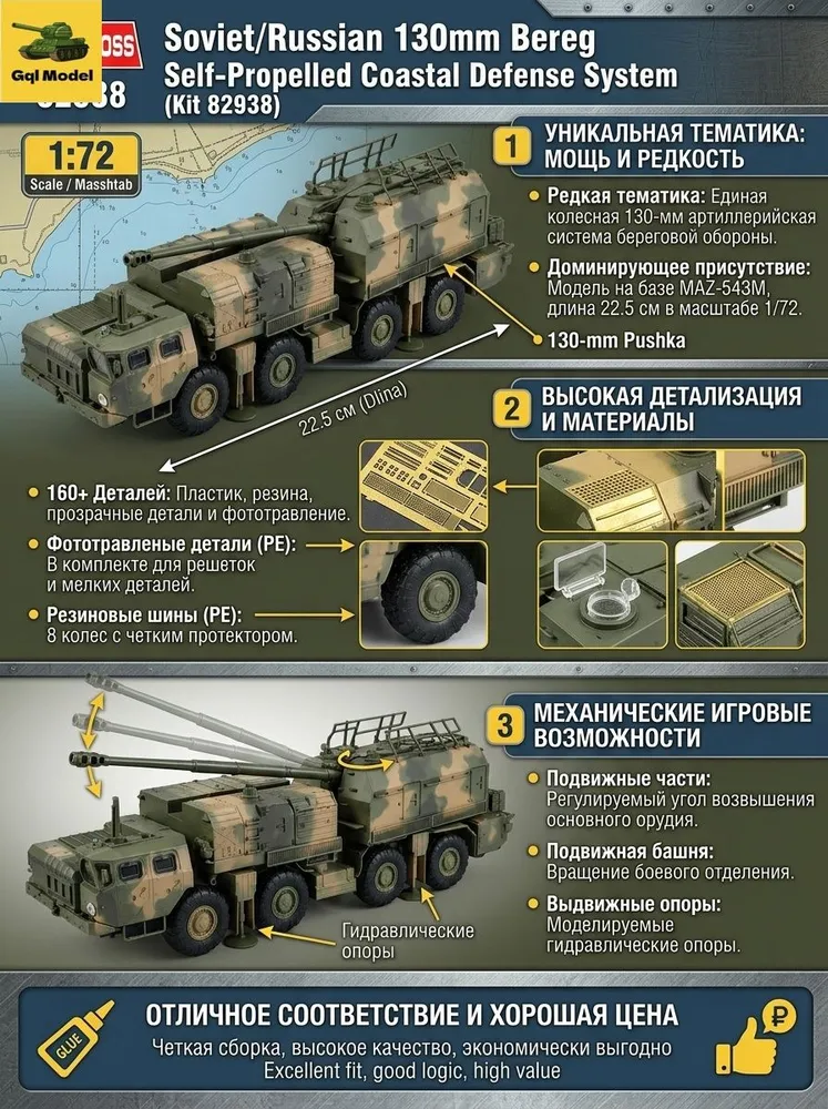 Сборная модель HobbyBoss 82938 Российский 130-мм береговой артиллерийский комплекс А-222 Берег 1/72, с фототравлением, вариант, фото 2