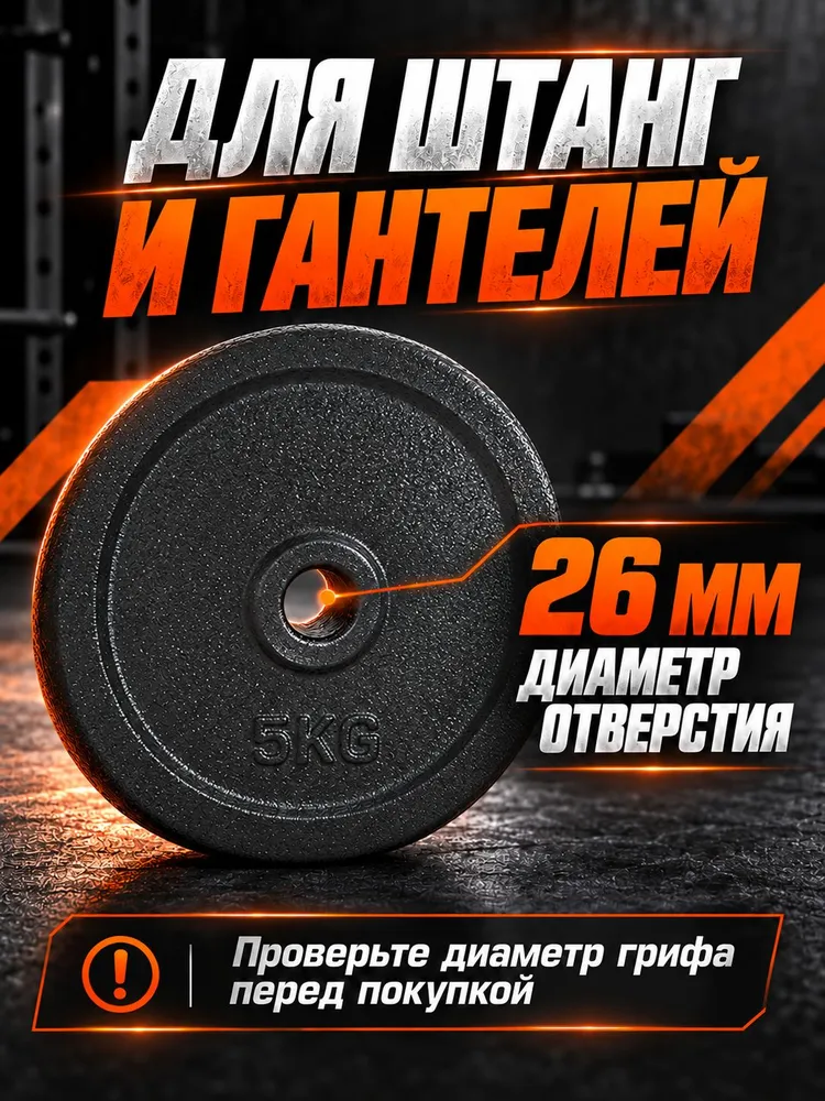 Блины для гантелей и штанги 5 кг, 2 шт, металлические, черные, 5 кг, 2 шт, фото 3