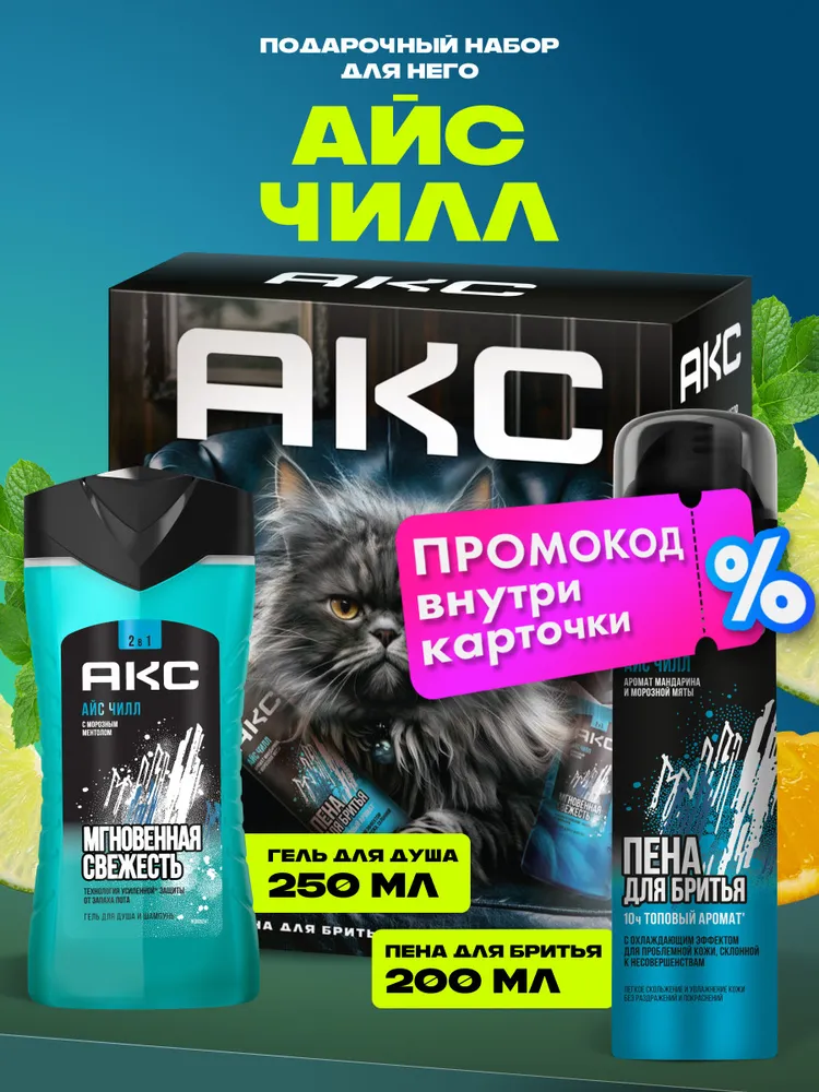 Акс Подарочный набор для мужчин Айс Чилл, гель для душа и шампунь для волос 2в1, пена для бритья, вариант