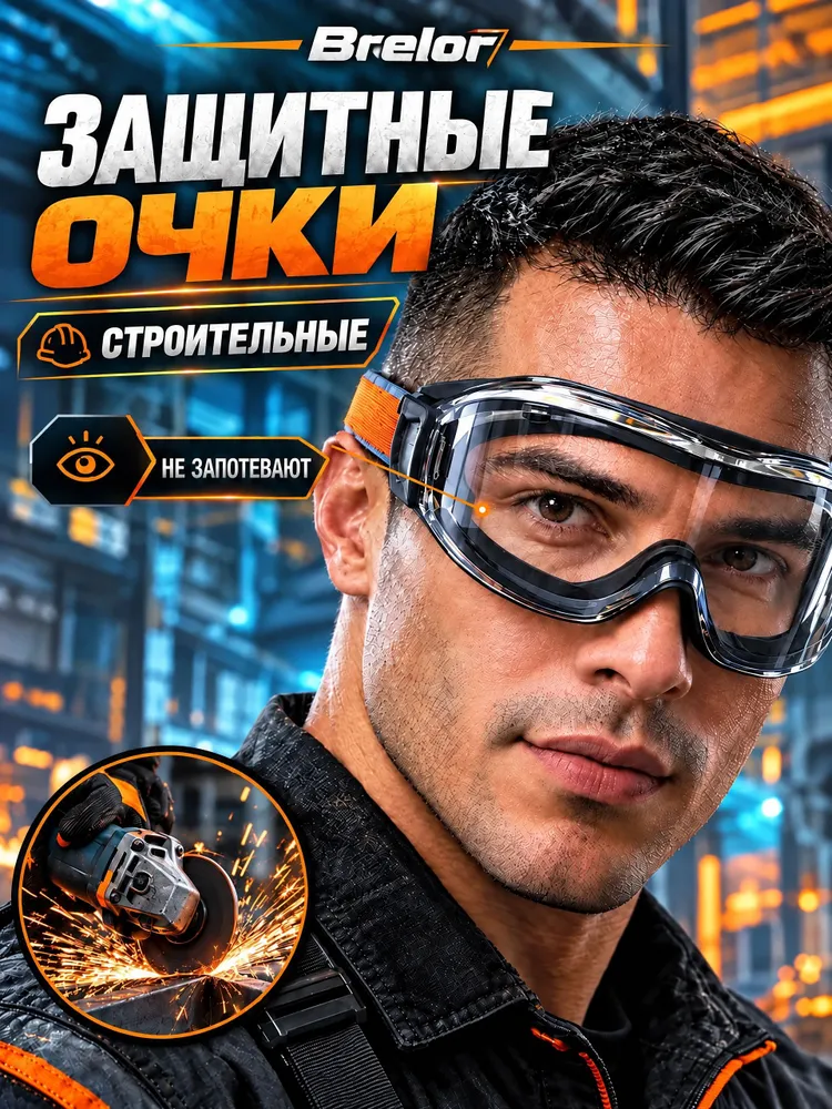 Очки защитные строительные прозрачные (черный уплотнитель)., черный