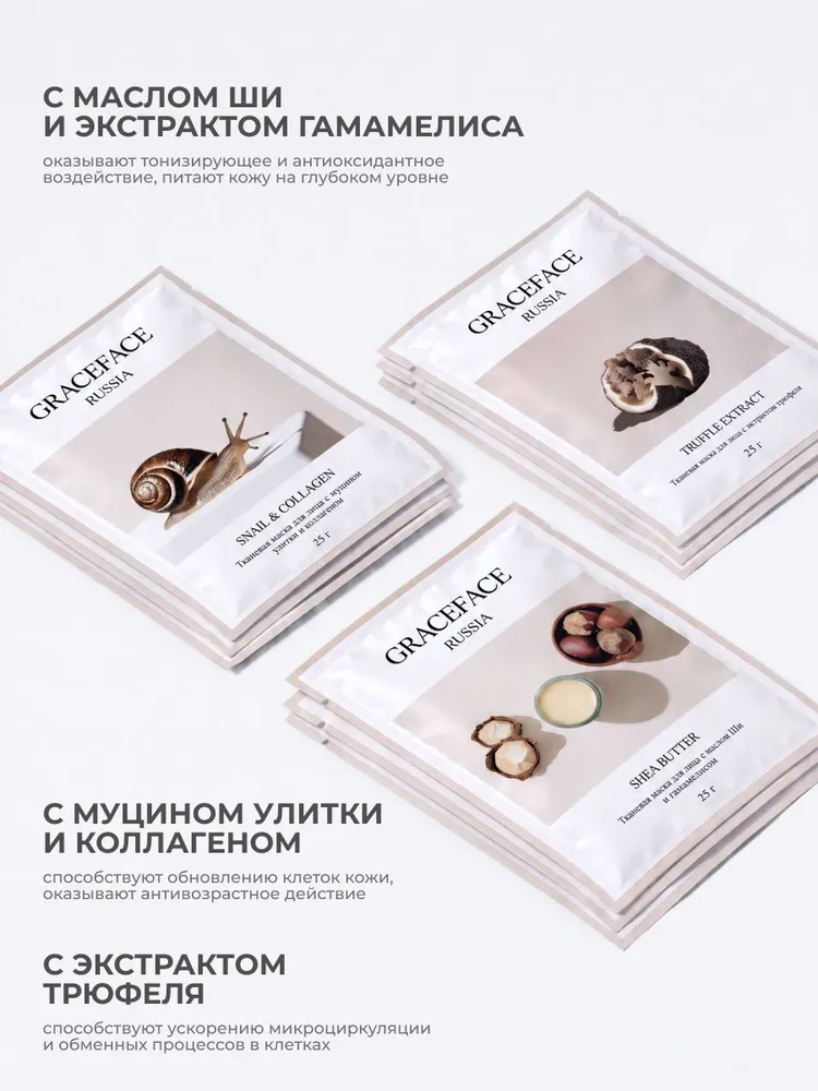 Набор тканевых масок для лица GRACE FACE Полное восстановление 21 шт, 525 г в упаковке с муцином и витаминами, кислотами и коллагеном, 21 шт, 525 г, фото 4