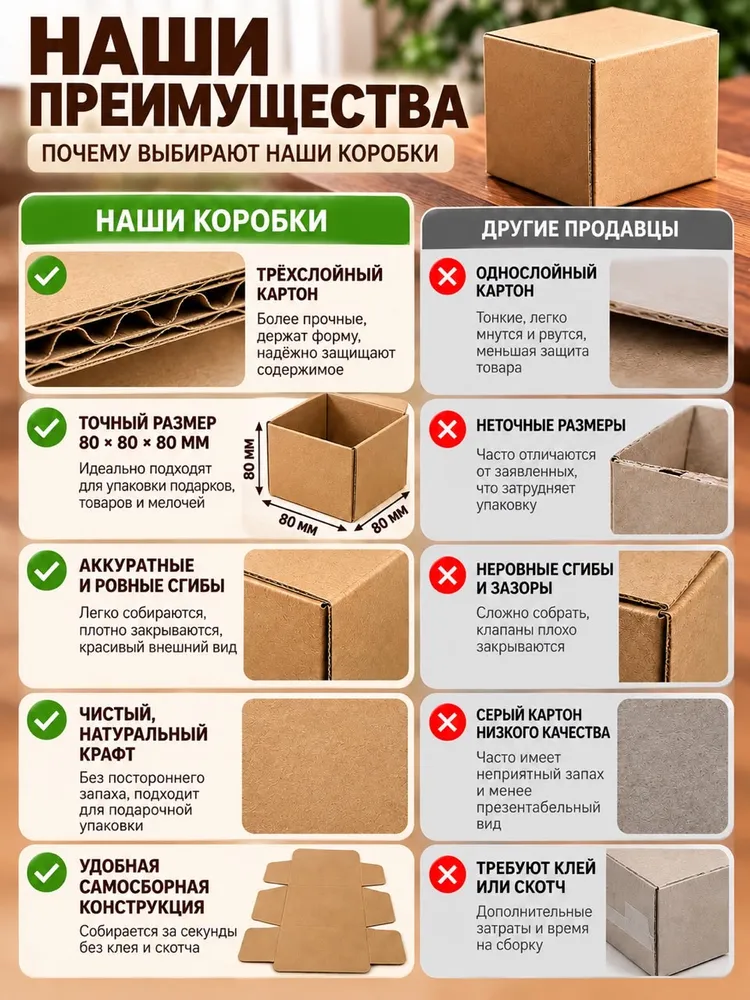 Коробки картонные самосборные 80х80х80 мм упаковка для подарков и маркетплейсов, 10 шт, 80x80 мм, 10 шт, фото 3