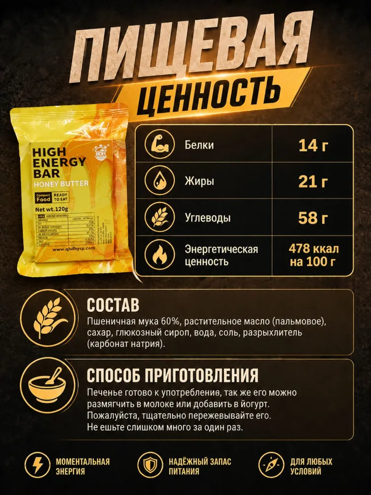 Сухой паек HIGH ENERGY BAR вкус медовое масло 1шт / Индивидуальный рацион питания, 1 шт, фото 4