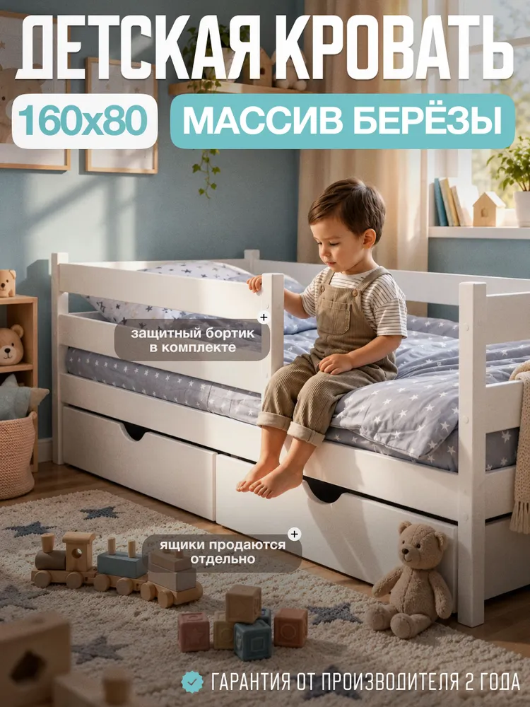 Кровать детская Софа 160х80 с бортиком, массив березы, Волфорест, 160x80