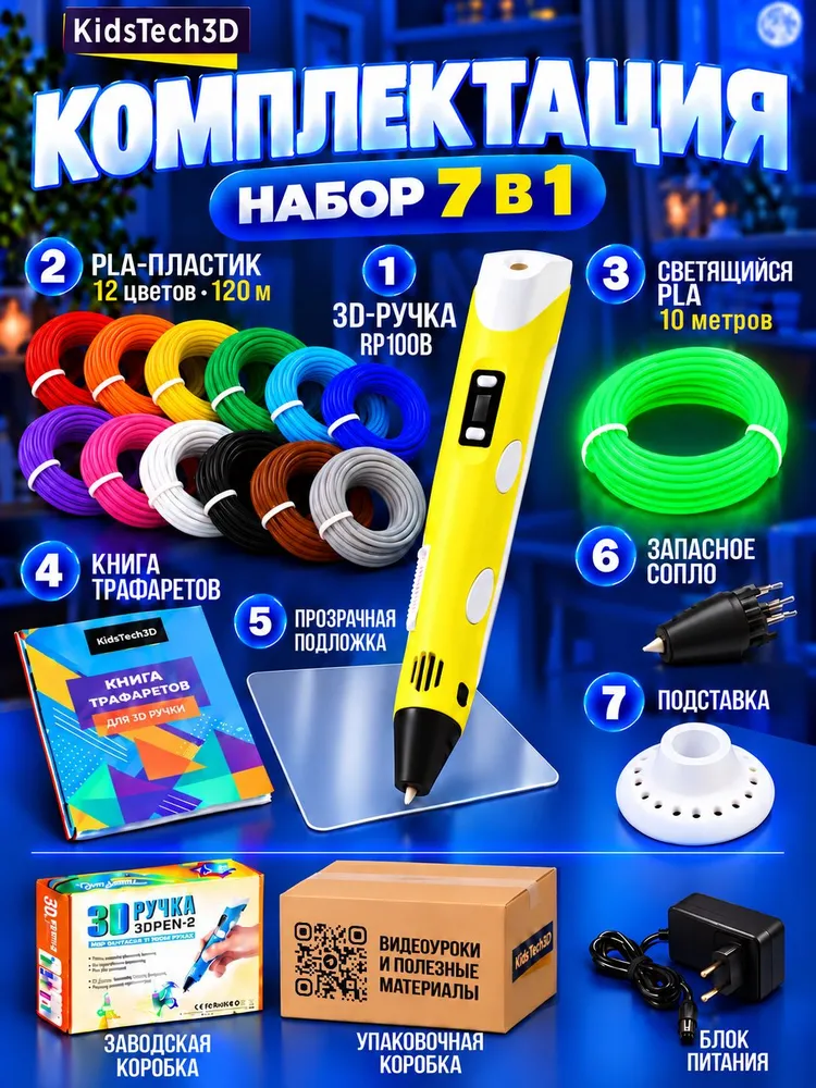 3D Ручка RP100B, Цвет: Желтый. Набор 7в1: пластик PLA 13 цветов 130м (вкл. светящийся пластик), книга трафаретов в стиле Пикселькрафт, многоразовый прозрачный коврик, запасное сопло, подставка, 13 цв., 130 м, желтый, фото 2