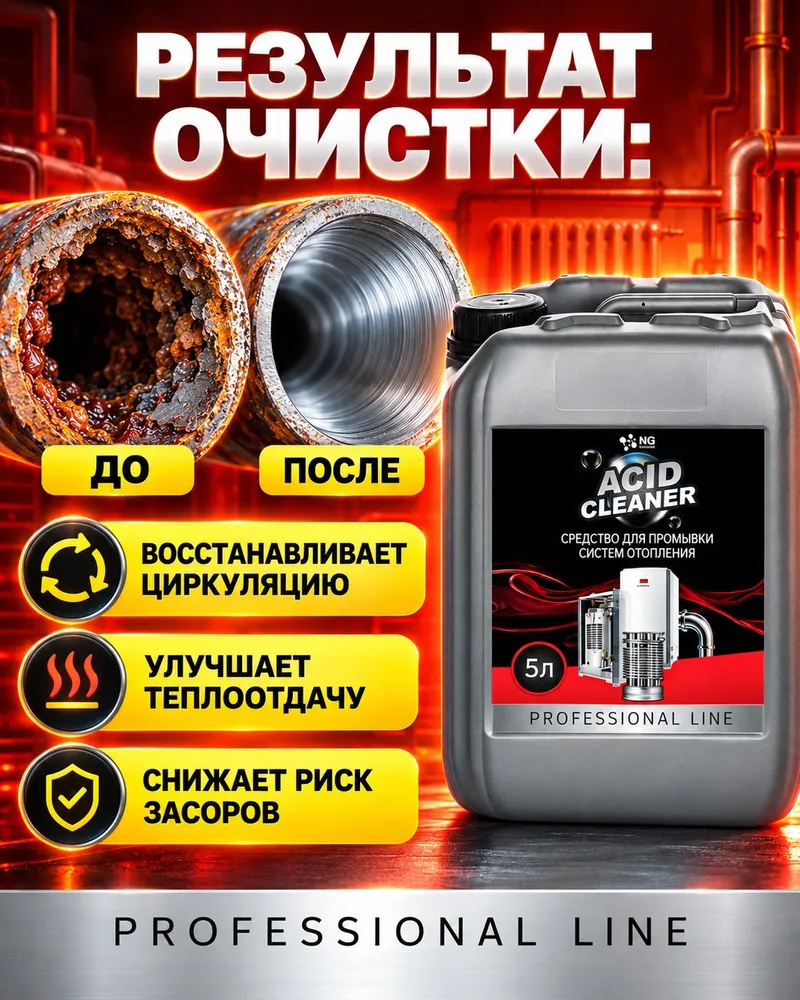 Средство для промывки и очистки теплообменников, систем отопления, радиаторов, тёплых полов от накипи, ржавчины и комплексных отложений, концентрат NG Acid Clean 5 л, 5 л, фото 6