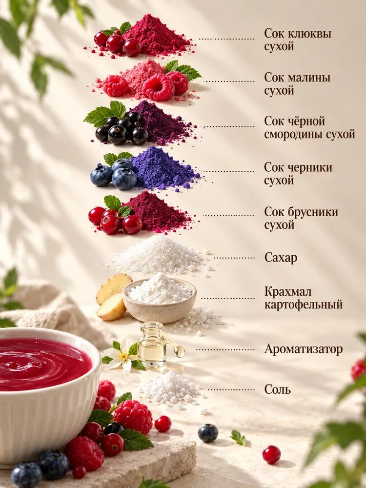 Кисель быстрого приготовления в пакетиках ассорти, 9 шт. растворимый напиток клюква-малина, лесные ягоды, черная смородина, 9 шт, фото 6