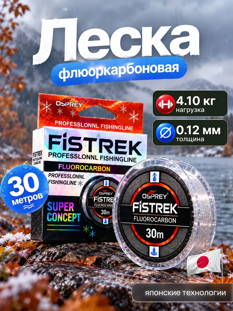 Флюорокарбоновая леска для рыбалки, поводков, спиннинга и фидера, намотка 30м, толщина 0.12мм, 30 м
