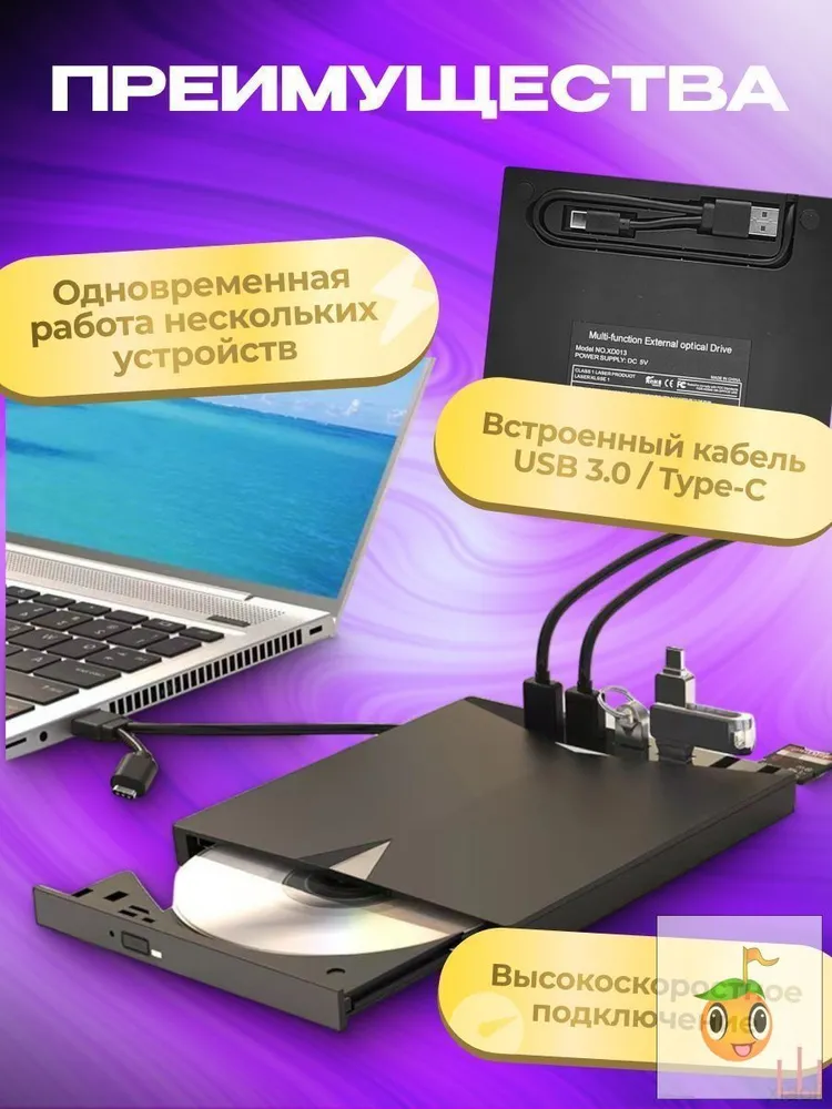 Внешний дисковод для компьютера ПК ноутбука с CD RW DVD с USB, Type-C оптический привод с чтением и записью, вариант, фото 4