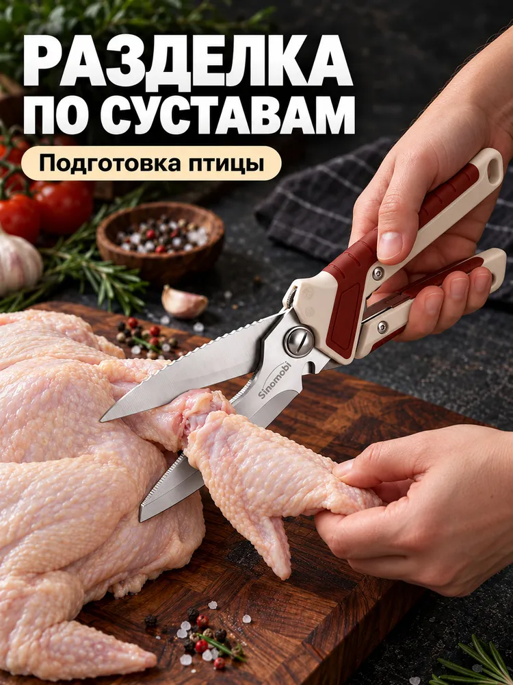 Ножницы кухонные для птицы и рыбы, 25,5 см, с магнитным чехлом, красно-белые, белый, фото 3