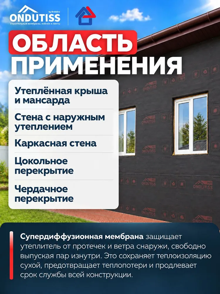 Супердиффузионная мембрана повышенной прочности Ондутис Про АМ 150 75м2 / профессиональная трехслойная гидроветрозащита для стен и кровли Ondutiss PRO AM 150, вариант, фото 2