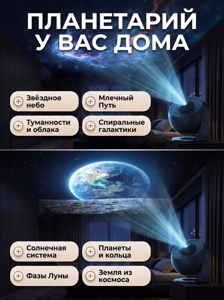 Ночник-проектор звёздного неба ALTRONIX Space Projector 18, детский планетарий, светильник с проекцией на потолок и стены, 18 сменных картриджей, таймер сна, питание USB, чёрный, черный, фото 2