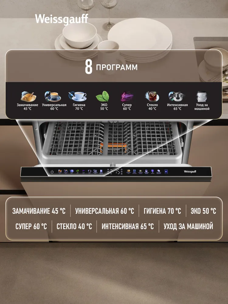 Weissgauff Посудомоечная машина Полноразмерная 60 см BDW 6138 Touch Inverter Autoopen Timer Floor, с Инвертором, Проекцией времени на полу и Авто-открыванием, 3 корзины, 15 комплектов, Быстрый режим, "Гигиена", Интенсивная программа, Функция Ультрафиолет, Самоочистка, Дозагрузка посуды, черно-серый, серебристый, черный, полноразмерная, фото 2