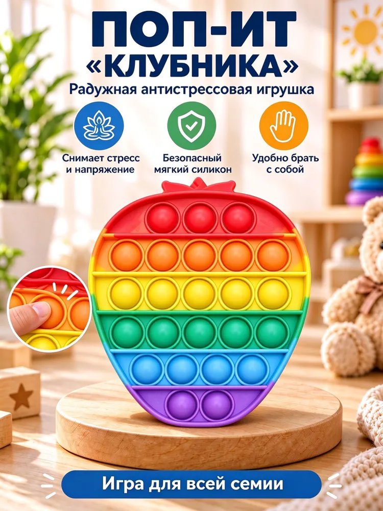 Поп Ит клубника радужный, силиконовая развивающая игрушка-антистресс для детей, настольная игра для тренировки внимания, вариант