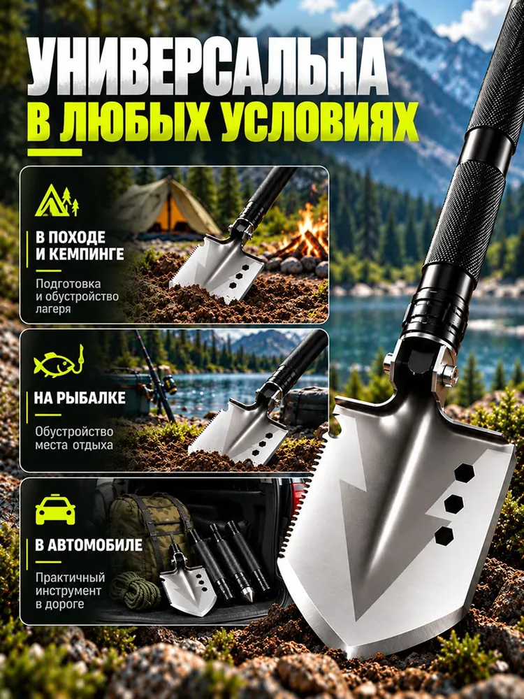 Лопата туристическая многофункциональная, автомобильная, саперная, складная, 76 x12.5 см, металлическая, в чехле, 76x12.5 см, фото 5