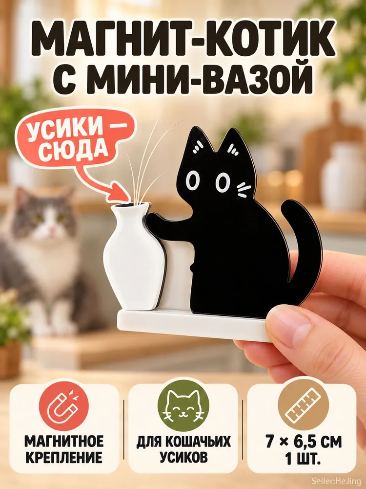 Магнит-органайзер на холодильник Чёрный кот с мини-вазой для хранения кошачьих усов, 7 6,5 см, 1 шт., 1 шт, фото 5
