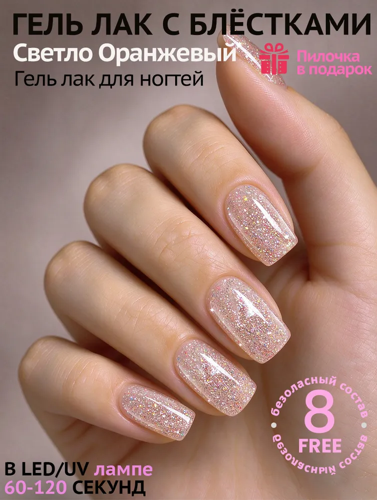 Гель лак для ногтей, гель лак с блёстками №MY21 светло оранжевый, 7.3 мл, 7,3 мл
