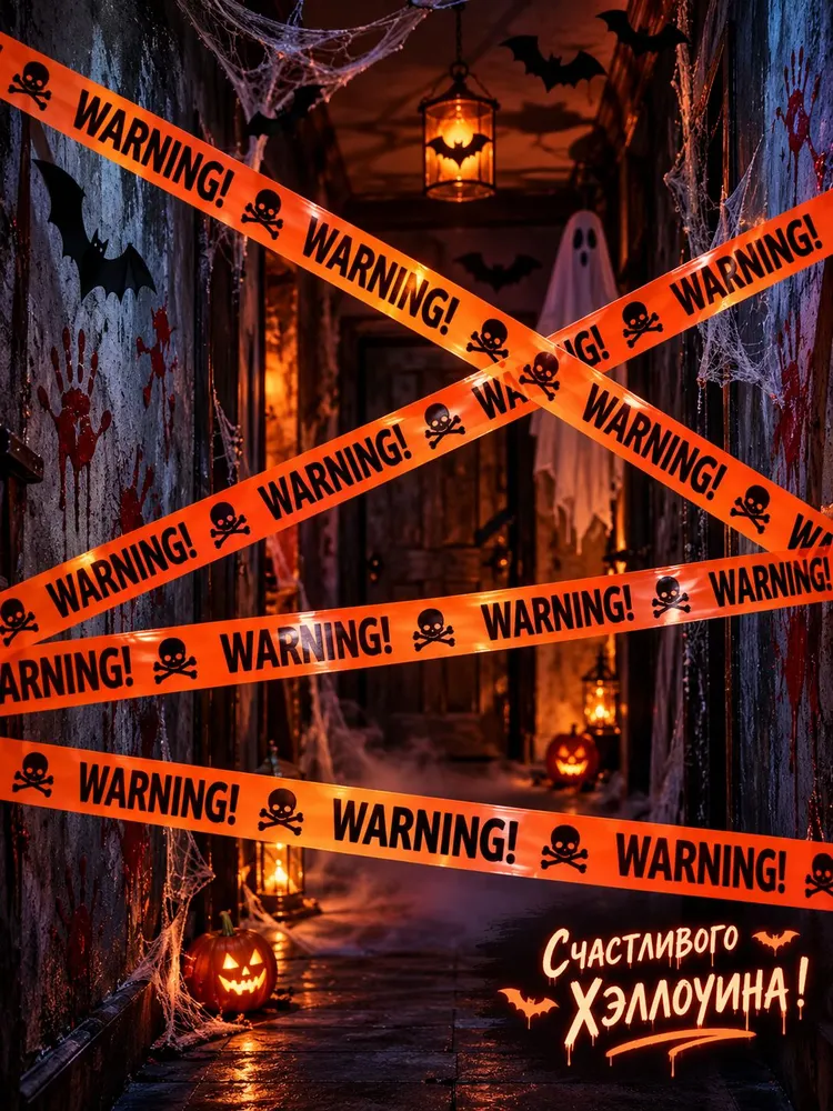 Декоративная лента-предупреждение на Хэллоуин 10 м, WARNING с черепами, не клейкая, декор для дома и вечеринки, 10 м, фото 6
