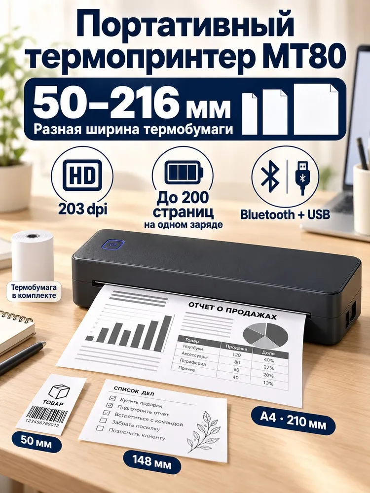 Мини-принтер 203dpi-USB-Bluetooth термотрансферный, Монохромный, вариант