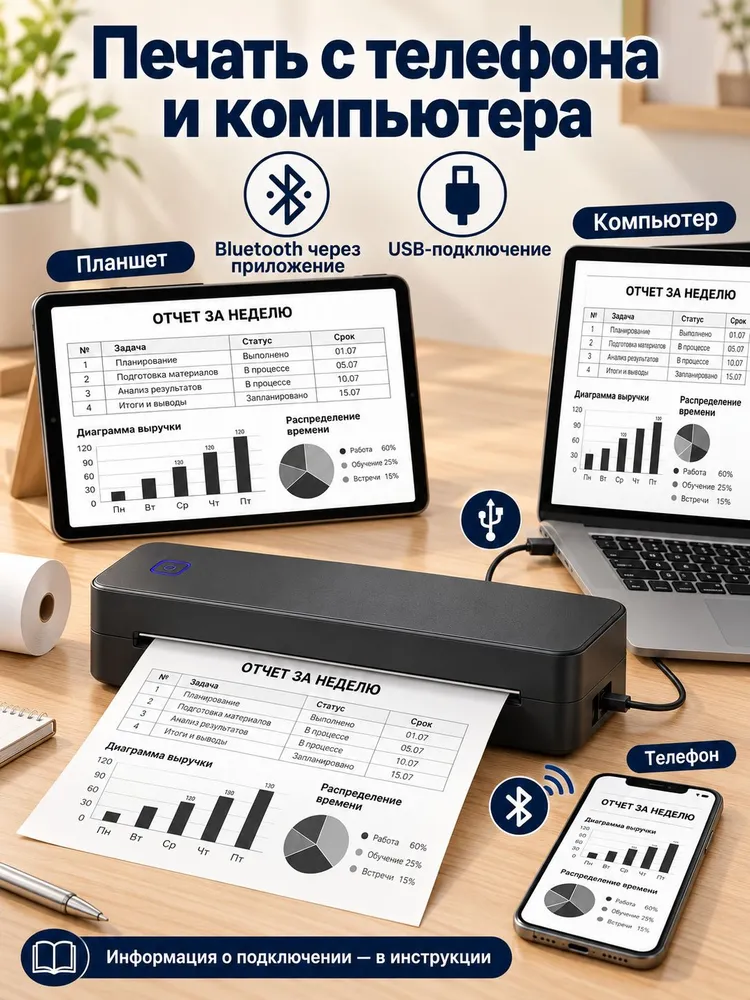 Мини-принтер 203dpi-USB-Bluetooth термотрансферный, Монохромный, вариант, фото 3