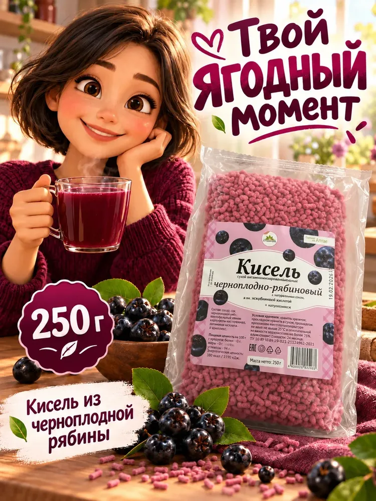 Кисель быстрого приготовления натуральный АлтайФлора Черноплодная рябина 250 грамм, черный