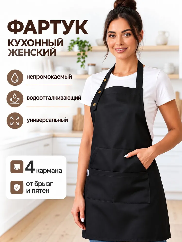 Фартук кухонный водоотталкивающий с карманом, фартук рабочий непромокаемый черный, черный