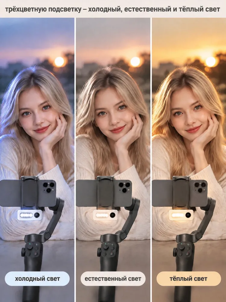 Стабилизатор для телефона FUNSNAP CM9, флагманский 3-осевой гимбал с модулем AI-слежения и подсветкой 2-в-1, выдвижная штанга и пульт ДУ в комплекте, поворот 360, для видеосъемки и влога, вариант, фото 3