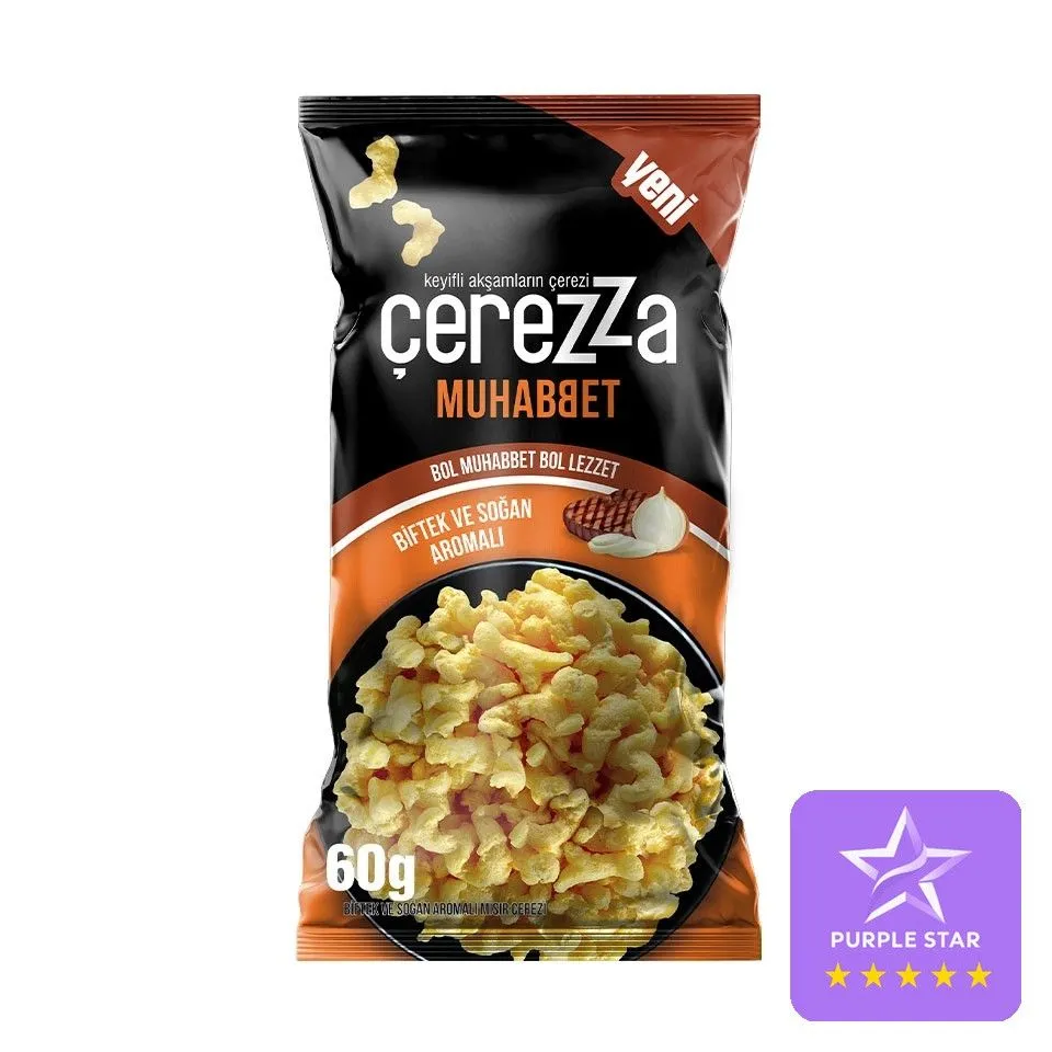 Хрустящие кукурузные чипсы снеки Anadolu Lezzetleri (Cerezza Muhabbet Biftek ve Sogan Aromali Misir Cipsi) со вкусом стейка на гриле и лука, 60 г, 60 г
