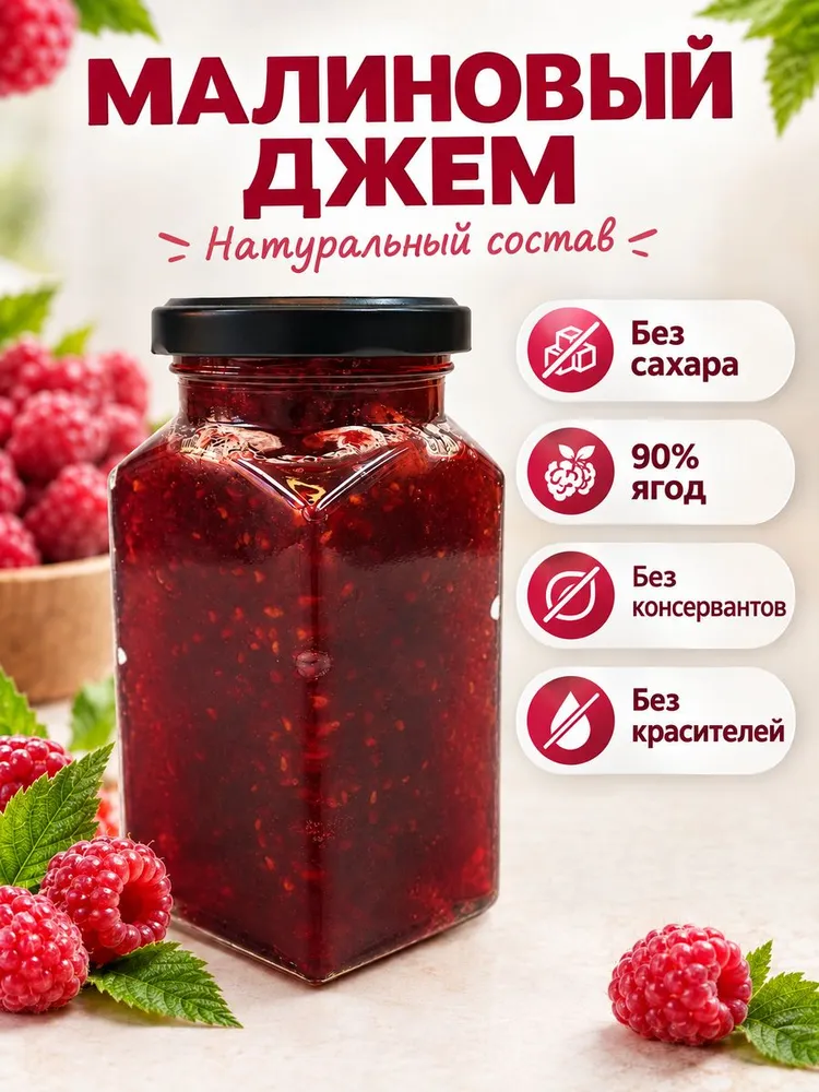 Джем малиновый домашний без сахара с натуральными ягодами малины 350 г ОЛИНО, 350 г, фото 2