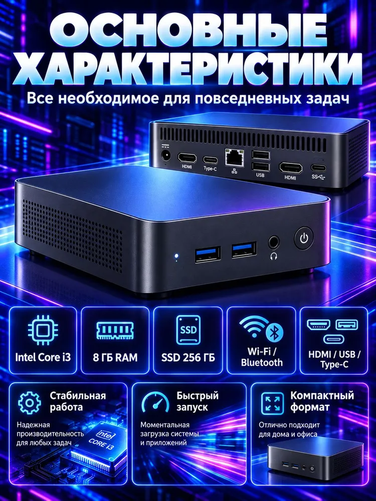 W&O Мини-ПК (Intel Core i3-6006U, RAM 256 МБ, SSD 256 ГБ, Intel Graphics, Windows 11 Pro), черный матовый, 256 ГБ, фото 2