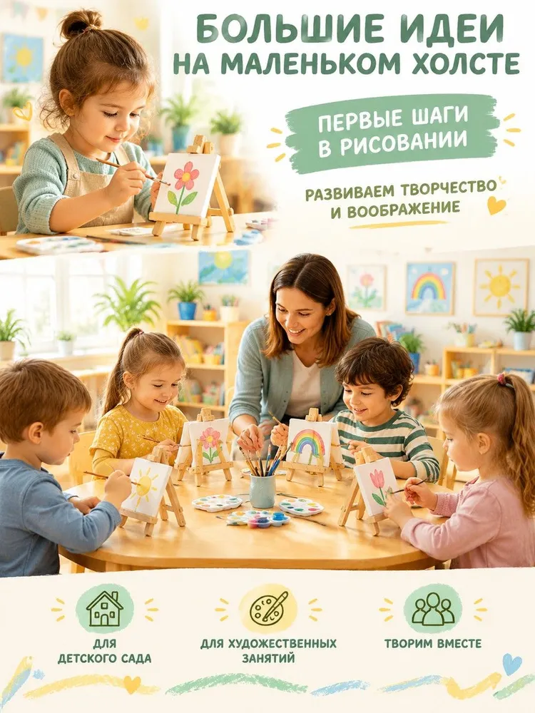 Деревянные мини-мольберты с холстами на подрамнике 10х10 см для рисования, набор 10 шт, 10x10 см, 10 шт, фото 4
