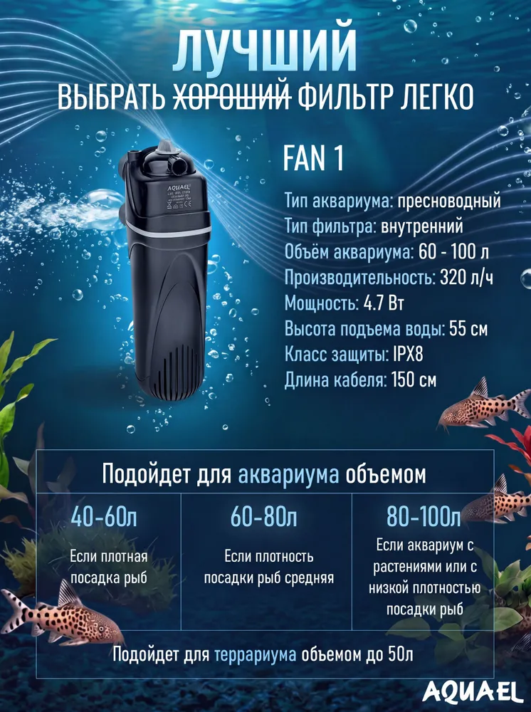 Фильтр - помпа для аквариума AQUAEL FAN FILTER 1 plus ( 60 - 100 л, 320 л/ч, 4.7 Вт) внутренний, погружной, для рыб и черепах, 100 л, 320 л, фото 2