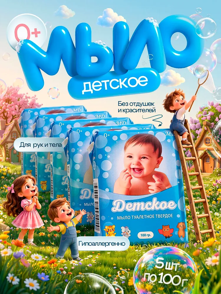 Мыло Детское 5 шт по 100г классическое, твердое кусковое для рук, тела, гипоаллергенное, 5 шт, 100 г