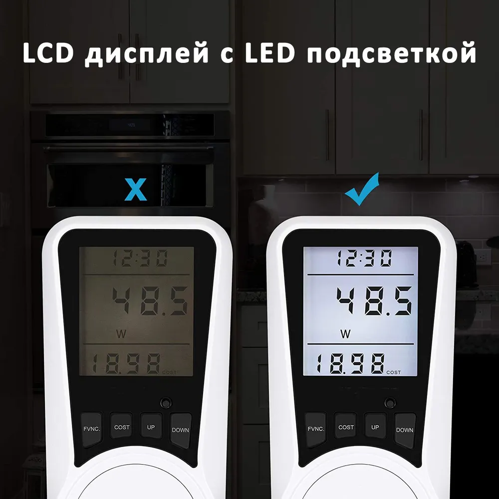 Ваттметр бытовой в розетку с подсветкой, цифровой измеритель мощности, счётчик электроэнергии, амперметр-вольтметр, вариант, фото 4