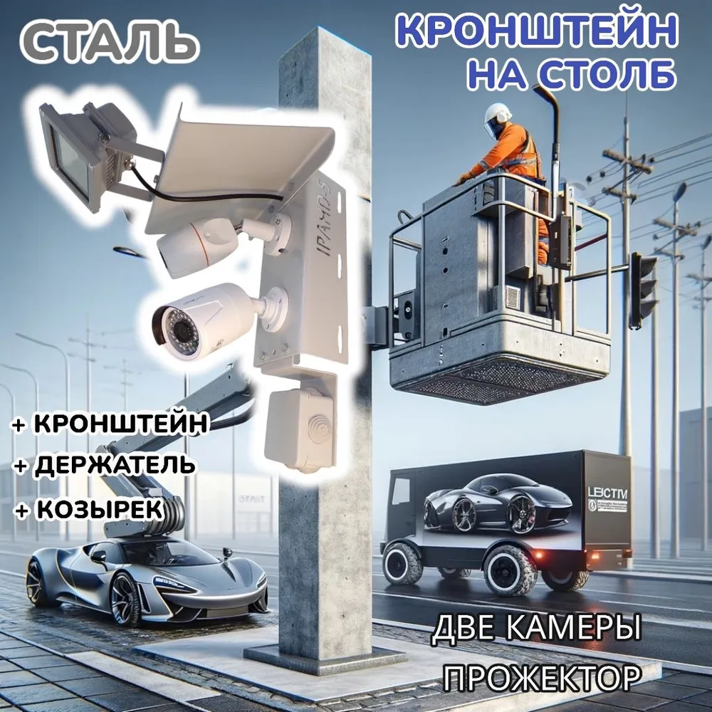 Кронштейн на столб с козырьком и пластиной для монтажной коробки под две камеры и прожектор IPAHD-5-214548 прочная сталь, цвет серый, серый, фото 3