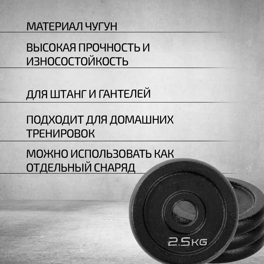 Диски для штанги OneFit, чугунные, 4 шт по 2,5 кг, d-26мм, 100-009, 4 шт, 2,5 кг, фото 3