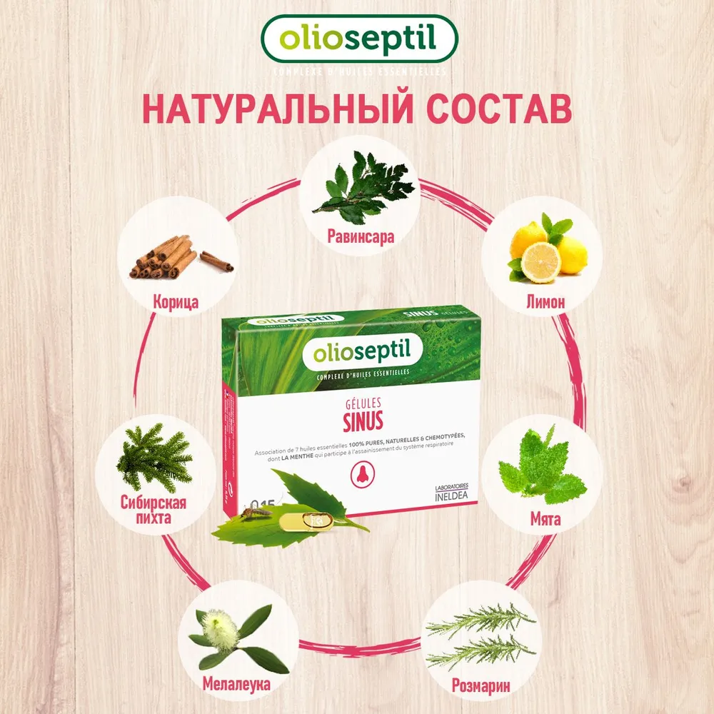БАД капсулы с эфирными маслами комплекс для дыхательных путей от насморка / 15 шт SINUS OLIOSEPTIL, 15 шт, фото 3