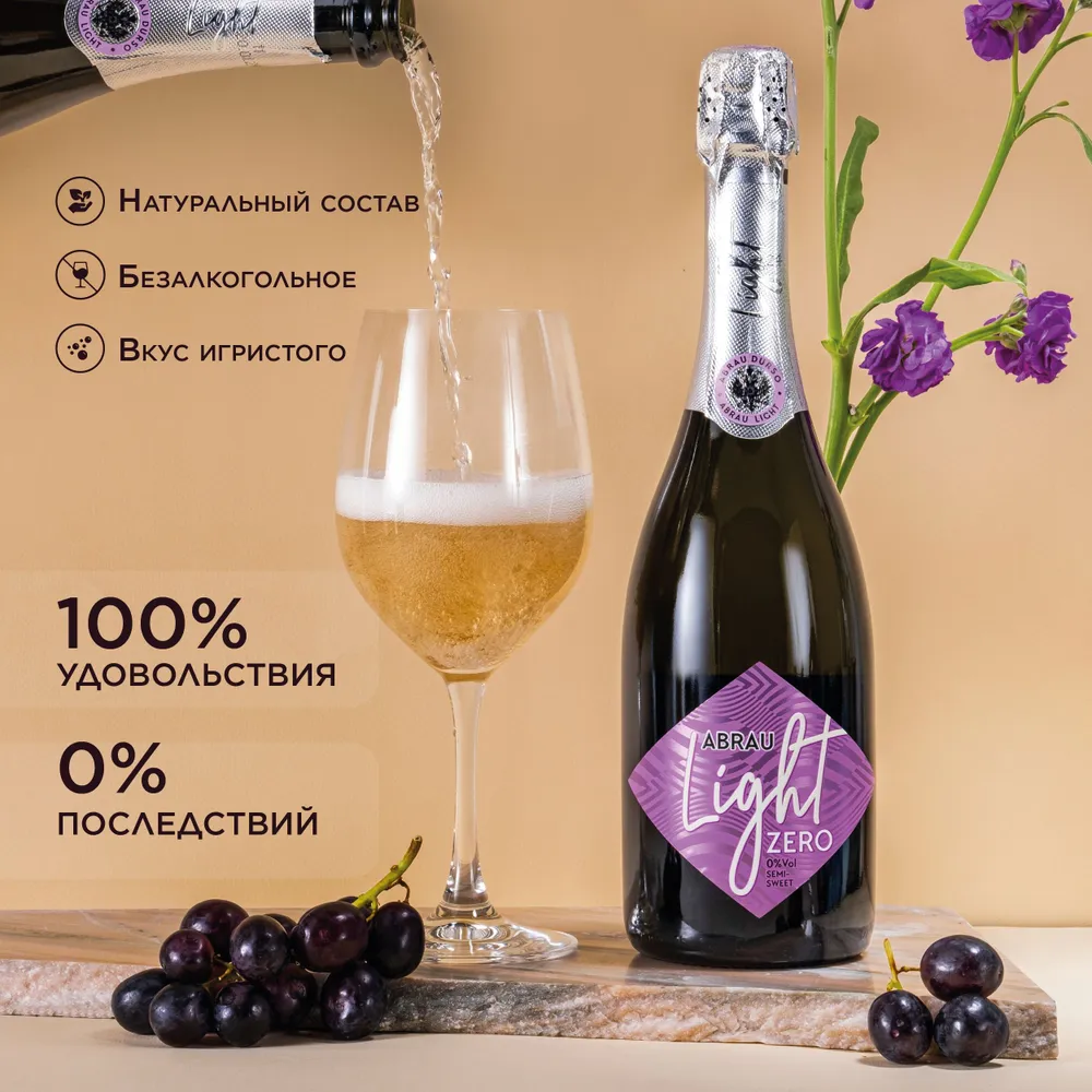 Напиток винный Abrau Light Rose игристый безалкогольный сильногазированный ароматизированный, 250 мл, 750 мл, фото 2