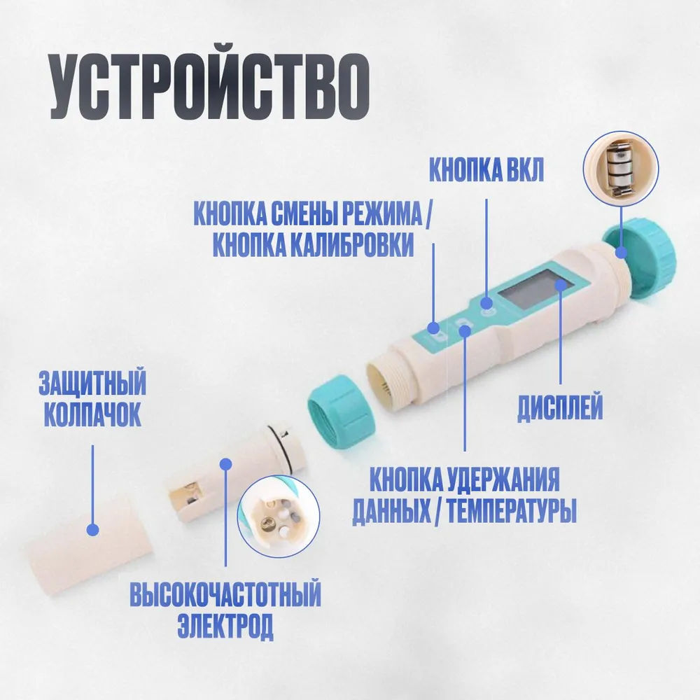 Тестер качества воды 7 В 1 / Компактный цифровой измеритель качественных параметров воды: ОВП, PH, TDS - метр, солемер, термометр., вариант, фото 6