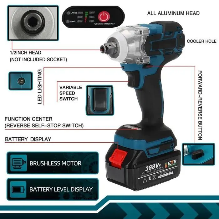Ударный гайковерт Drillpro, бесщеточный, аккумуляторный, 1/2 дюйма, 18 в, Содержит две батареи, вариант, фото 3