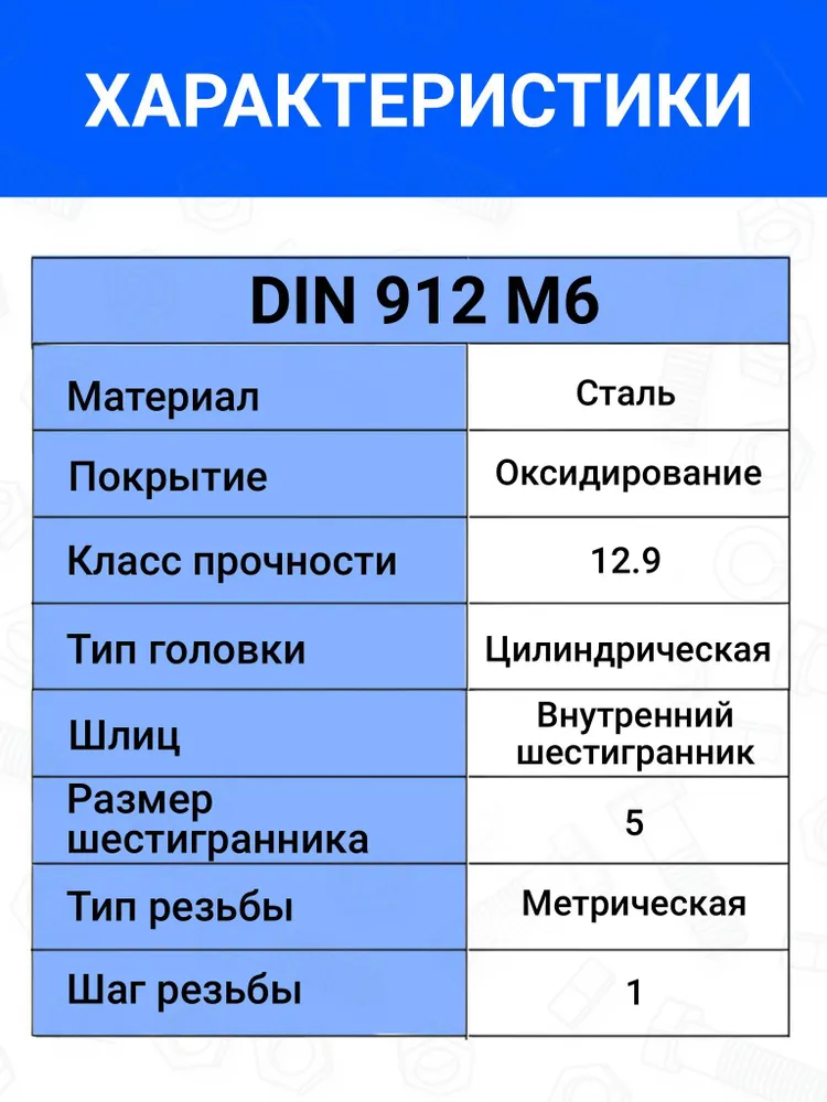 Винт DIN 912 М6х16 с цилиндрической головкой 10 шт, полная резьба, оксидированная сталь, класс прочности 12.9, 6x16, 10 шт, цилиндрическая, фото 3