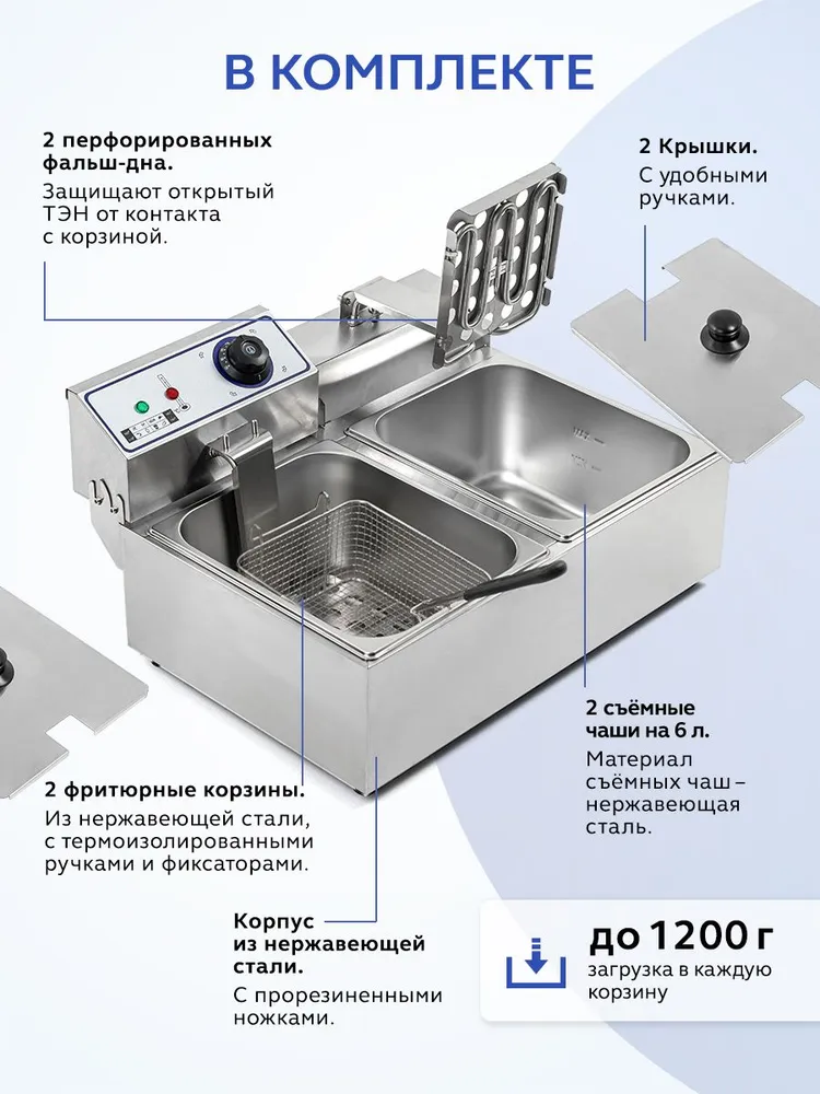 Фритюрница электрическая GASTRORAG HEF-82A, с 2 съемными чашами 6 л, электрофритюрница для картофеля, фритюрный шкаф для профессиональной кухни, 6 л, фото 2