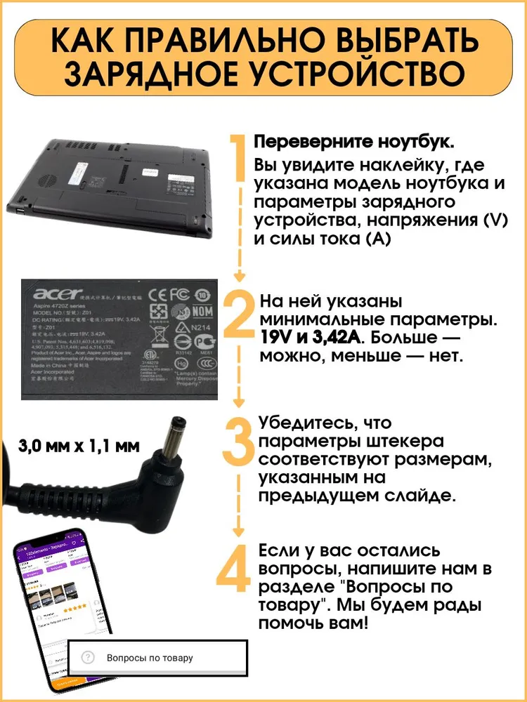 Зарядное устройство (блок питания/зарядка/ сетевой адаптер) для ноутбука Acer 65w 19V 3.42A штекер 3.0x1.1, 3.0x1.1, 65 Вт, фото 5